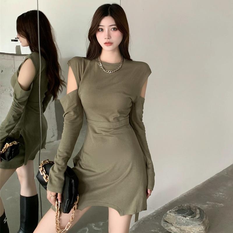 

Casual Dresses Off Shoulder For Women Asymmetric Vestido Feminino Autumn Korean Fashion Hollow Out Fake Two Pieces Green Mini Dress, Black;gray