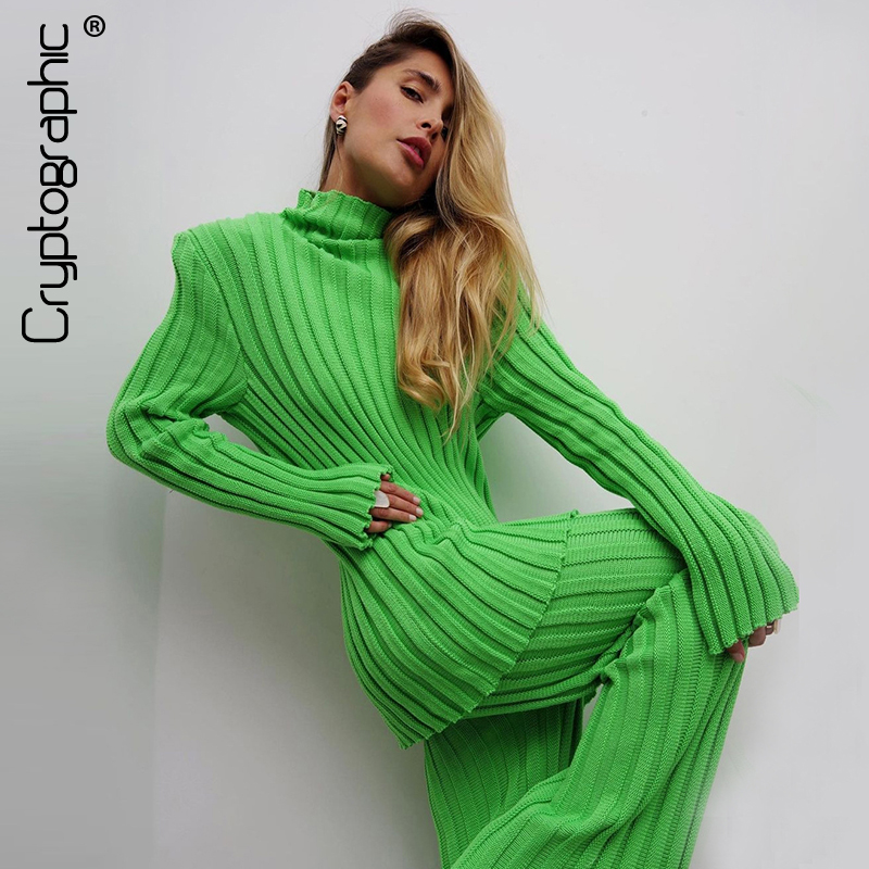 

2021 Winter Turtleneck Sweater 2 Piece Sets Long Sleeve Casual Fashion Outfits Women Sets Ribbed Knitted Trousers, Black