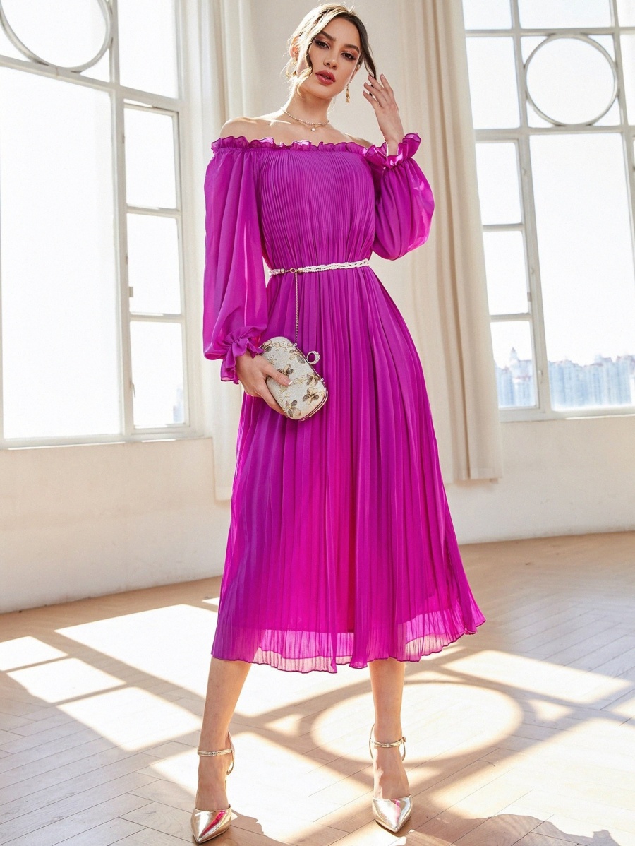 

off Shoulder Frilled Flounce Sleeve Pleated Hem Belted Dress I6NT#, Hot pink