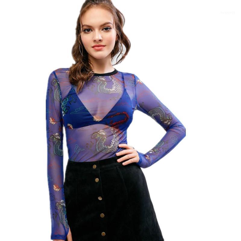 

2022Summer/autumn Women' See-through Knitted Shirt Fashion Long-sleeved Pattern Dragon Purple Mesh Printing Blouse Blouses & Shirts