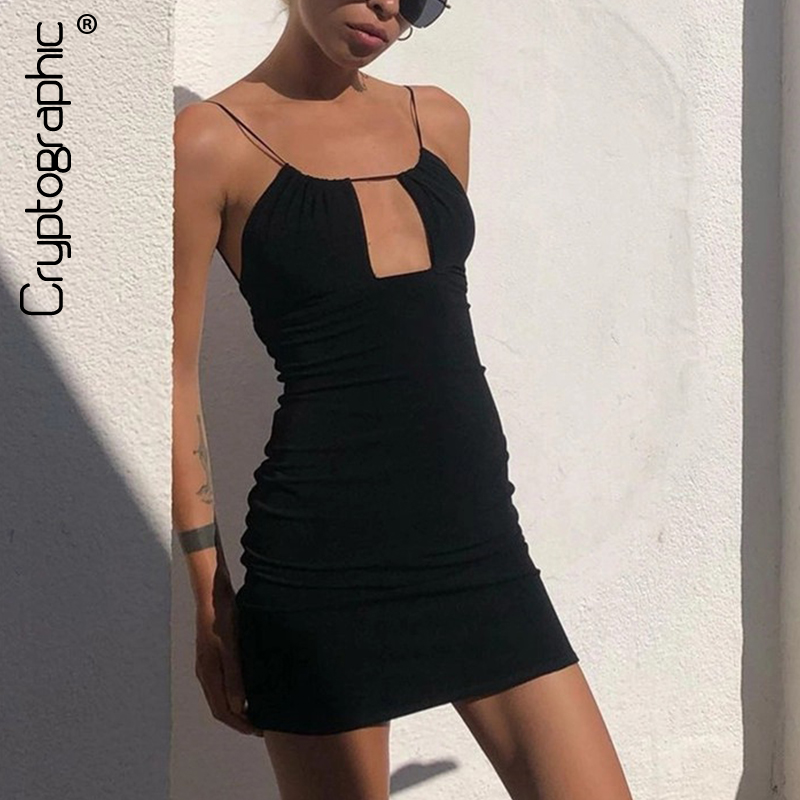 

Spaghetti Strap Sexy Cut-Out 2021 Summer Mini Dresses Women Fashion Elegant Sleeveless Black Bodycon Dress Clothes
