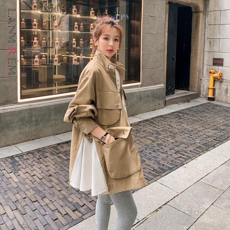 

Women' Trench Coats 2022 Color Contrast Hem Stitching Loose Stand Collar Multiple Pockets Windbreaker Women Fashion 2C720Women, Khaki