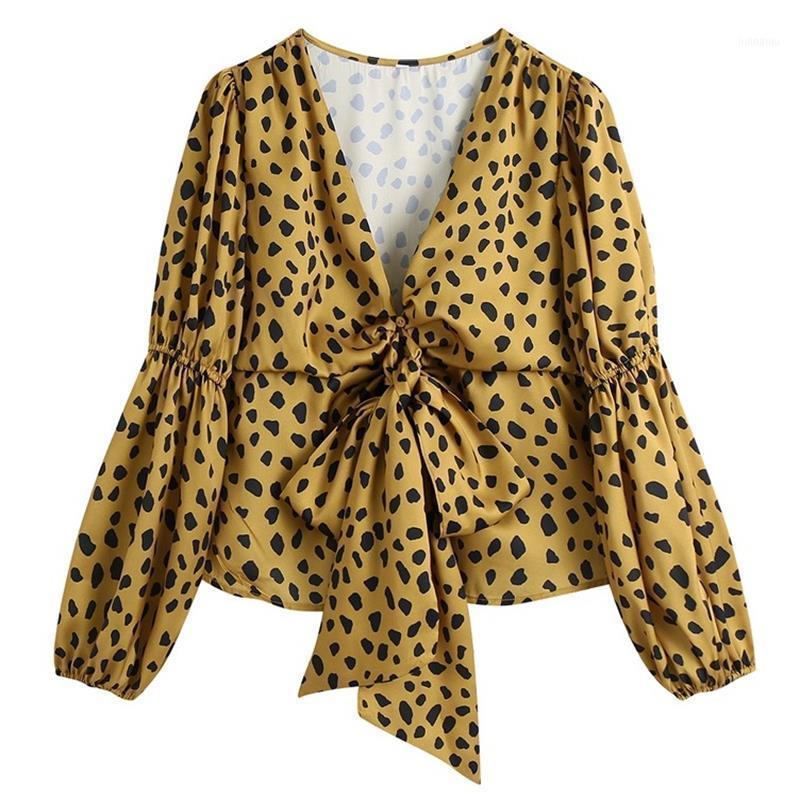 

Women 2022 Fashion With Bow Tied Leopard Print Blouses Vintage V Neck Long Sleeve Female Shirts Blusas Streetwear Women's &, As picture