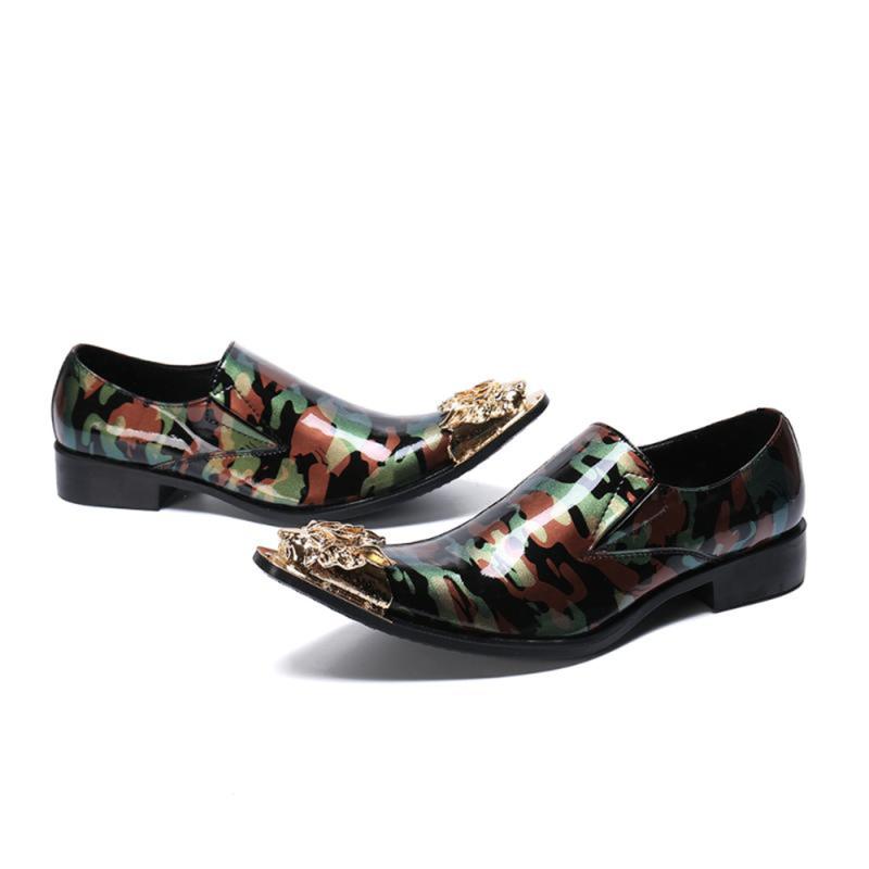 

Dress Shoes Mens Leather Gold Metal Pointed Toe Mixed Color Patent Office Slip-on Oxford Loafers, Green