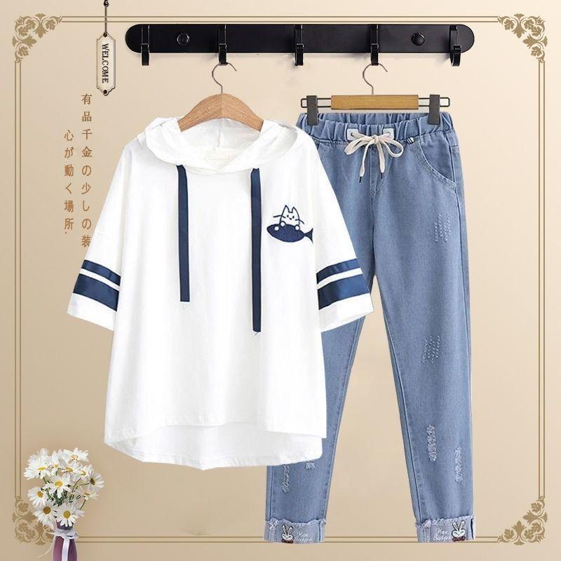 

Women's Two Piece Pants Two-piece Summer Women's Hooded Short-sleeved Suit 2-piece Trouser SuitsWomen's, Two-piece suit
