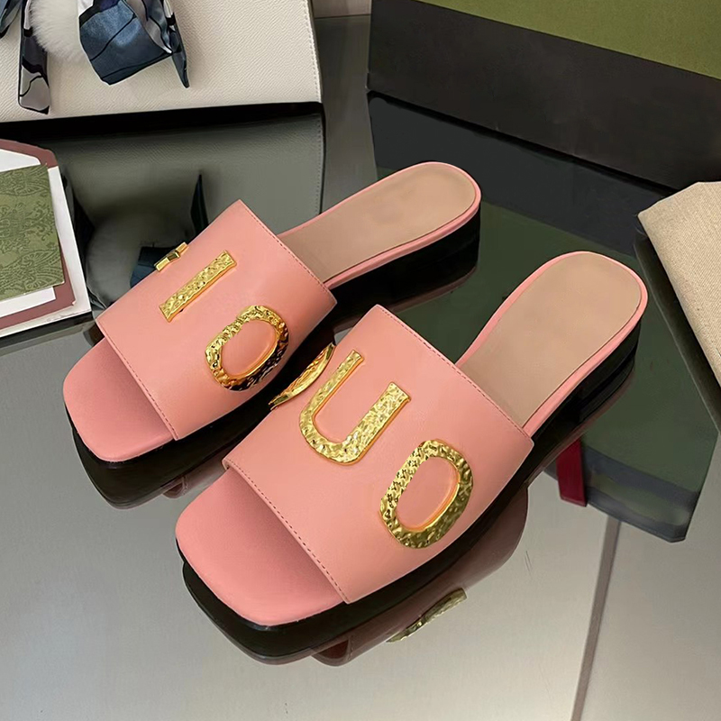 

2022 fashionable Beach Women's slippers classic flat heels summer designer fashionable flip flops metal decorative letters leather sexy sandals large, Brown