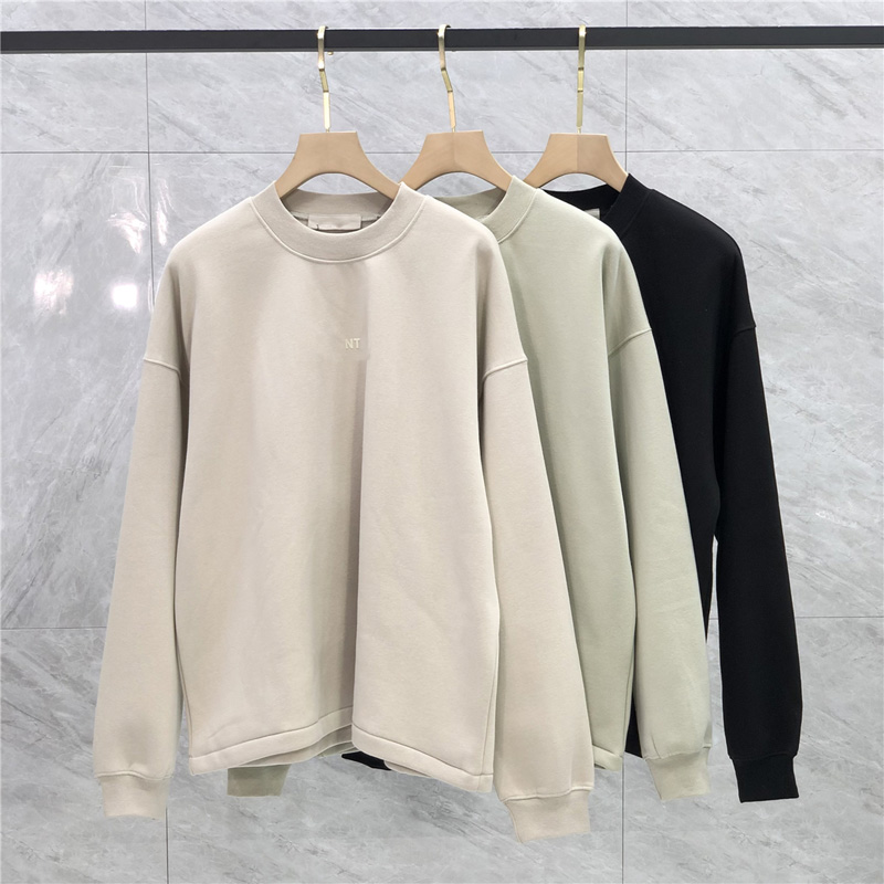 

22fw Autumn Winter Plus Size Hoodie Letter Logo Flocking Printing Waistless Hem Plush Round Neck Sweater, Wheat