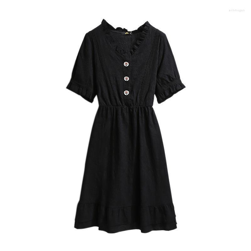 

Plus Size Dresses 150Kg 2XL 3XL  5XL 6XL Women's Summer Loose V-neck Dress With Wooden Ears Bust 153cm French Fashion Waist Echm22, Black