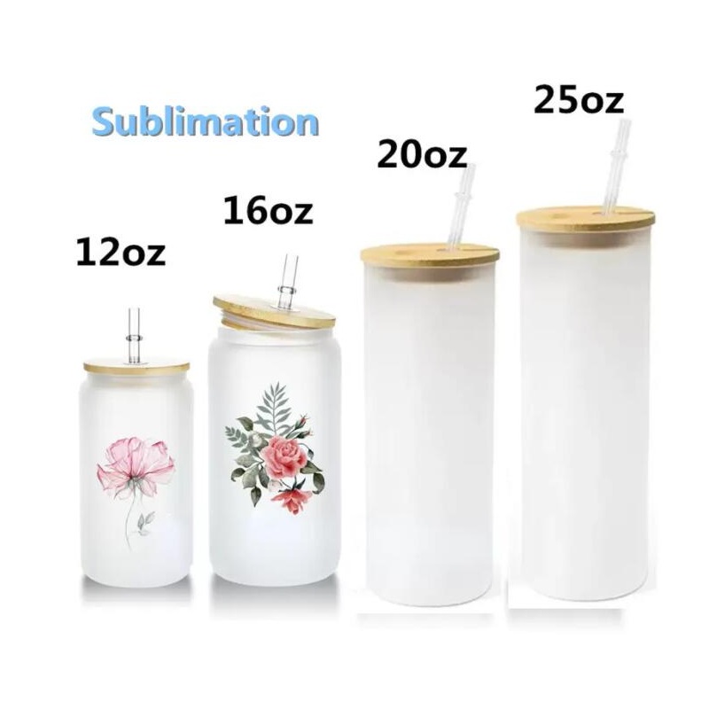 

12oz 16oz 20oz 25oz Sublimation Mugs Glass Can Tumbler Clear Frosted Jar with Bamboo Lid Wide Mouth Beer Cup Festival Party Wine Tumblers T0324, White