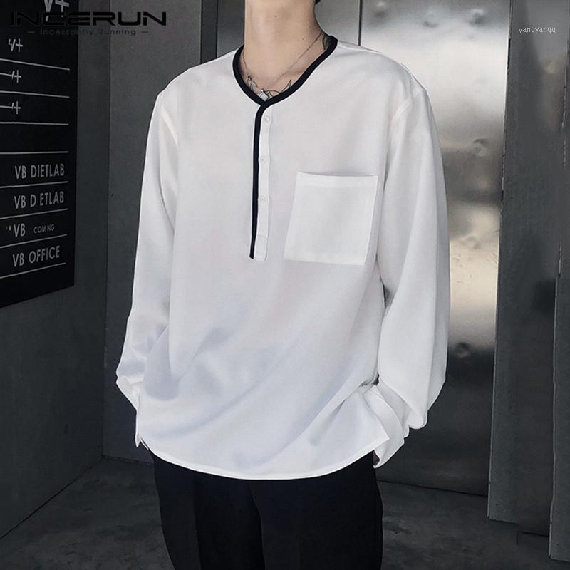 

Mens Leisure Patchwork Shirts INCERUN Korean Style Long Sleeve V Neck Camisa Male Button Up Chemise Hombre Pockets Blusas -5XL Men' Casual, Black