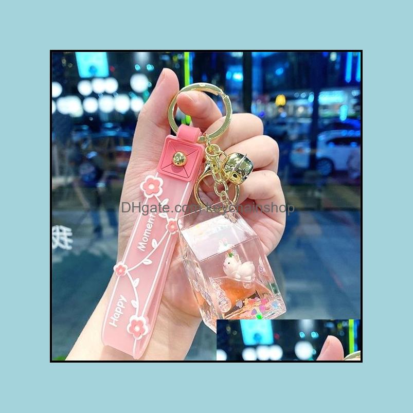 

Key Rings Jewelry Cute Transparent Milk Box Rabbit Frog Liquid Keychain Cartoon Flower Floating Bottle Sequins Pig Chain Bag Pendant Girl Gi