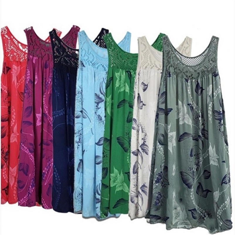 

70 Sell Floral Printed Lace Stitching O Neck Sleeveless Women Summer Loose Tank Dress 220614, Navy blue