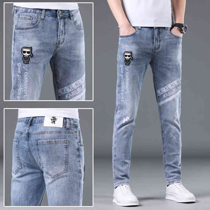 

2022 Summer New European Fashion Brand Laofoye Hot Diamond Printed Letters Men's Slim Personalized Light Blue Jeans, Light blue odn5880