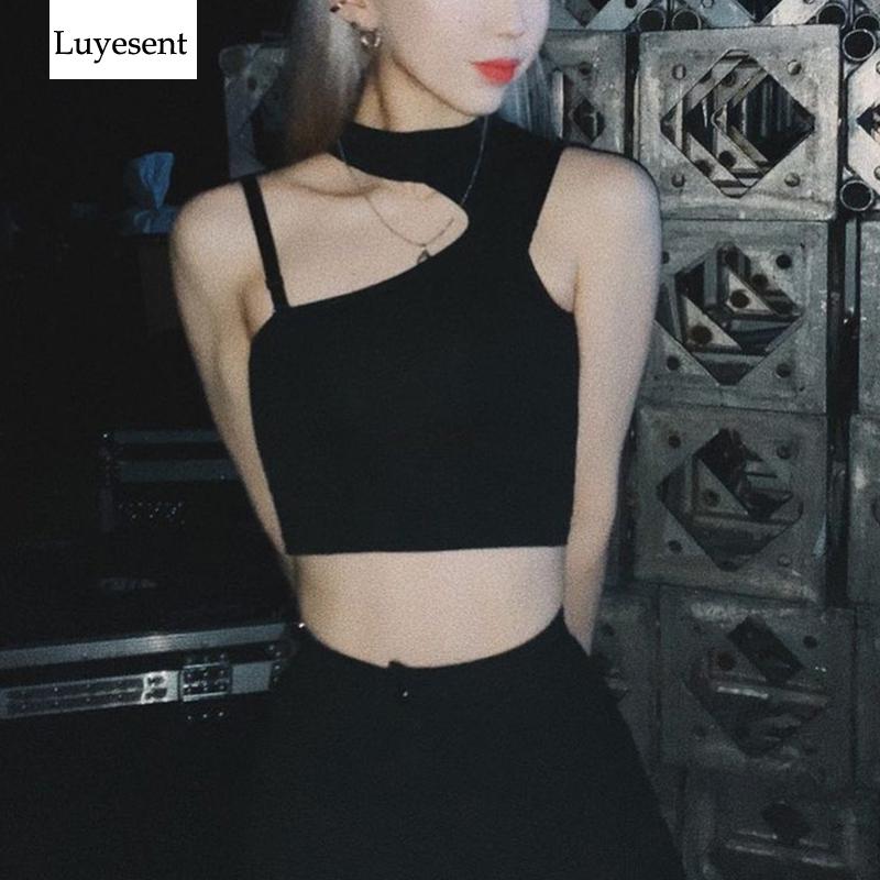 

Women' Tanks & Camis Women Solid Black Irregular Gothic Short 2022 Hipster Summer Hollow Out O Neck Slim Streetwear Basic Cool Tank Tops