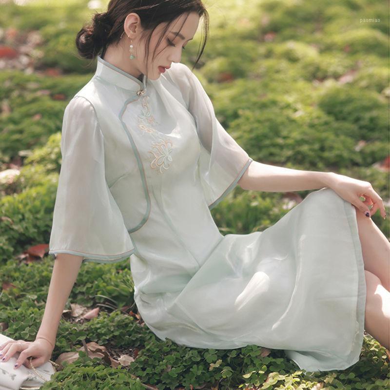 

Ethnic Clothing Light Green Qipao Summer Women Embroidery Cheongsam Vestidos Vintage Chiffon Robe Gown Flower Chinese Dancing Party Dress XX