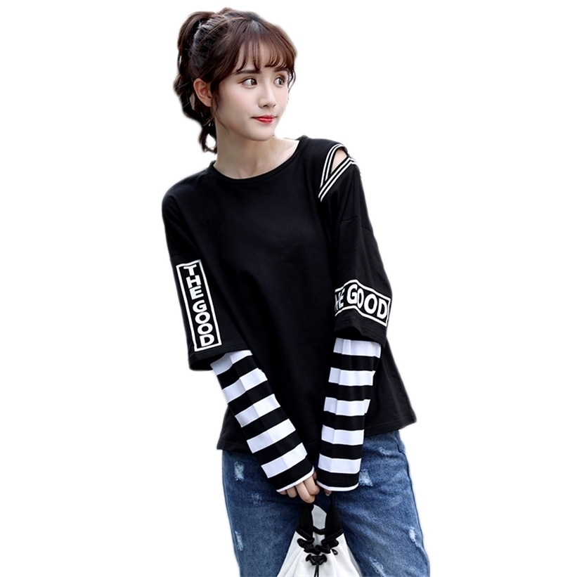 

Spring Autumn fashion loose tops for women Fake two pieces patchwork stripe long sleeve letter print big size t-shirts female 220322, White