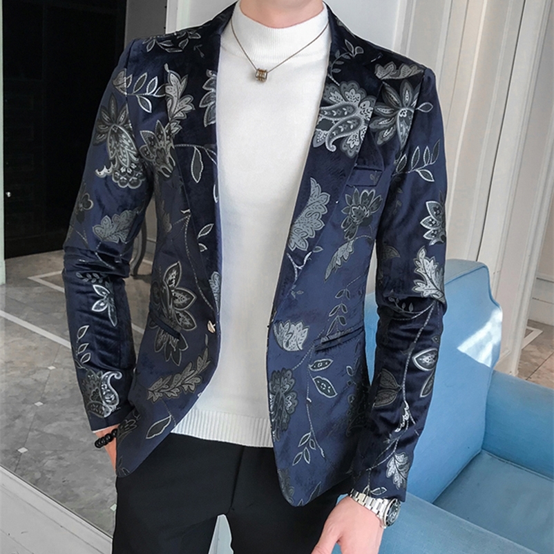 

Men's Suits Blazers Men's Fashion Flannel Long Sleeve Floral Slim Suit Jacket Stage Party Social Men's Suit Blazer Coat 220826, White