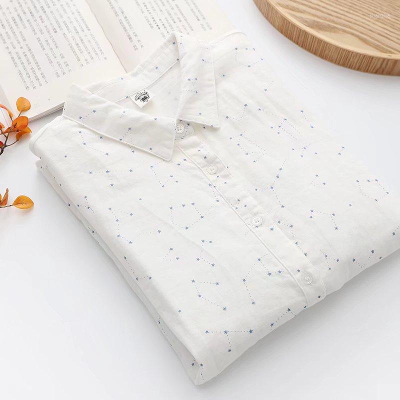 

Women's Blouses & Shirts Women White Cartoon Star Print Long Sleeve Cotton Yarn Lady Tops Girl Clothes Student Style Spring 2022 SWomen's