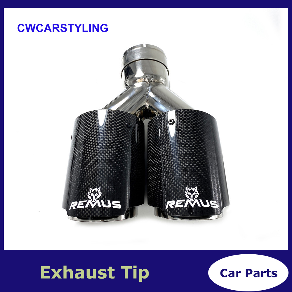 

1Pcs Universal Dual Exhaust Tip Glossy Carbon Fiber Tail Quad Exhaust Muffler Tip With Remus Logo For Any Cars