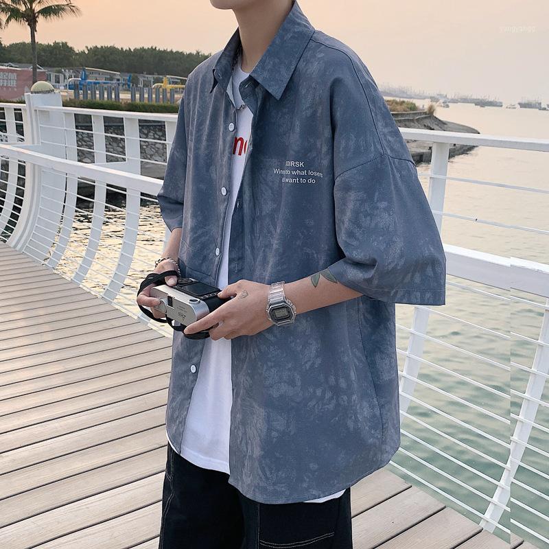 

Men's Casual Shirts Tie-dye Short-sleeved Shirt Hong Kong Style Summer Five-point Sleeve Top Korean Trend All-match Jacket 2022, Gray