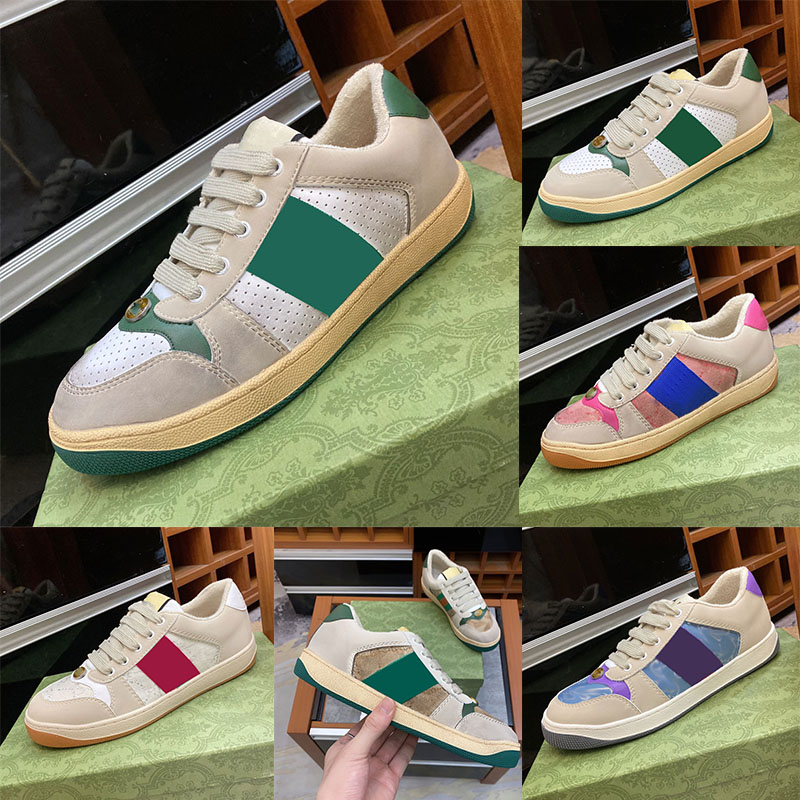 

Italy retro red and green net striped casual shoes Screener sneakers beige butter dirty leather shoes Luxurys designer sneakers rubber soles classic, 06