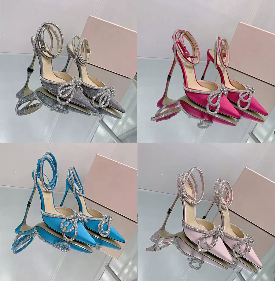 

Designer Women Sandals High Heels Leather Sole 9.5cm Black Pink Diamond Chain Decoration Banquet Women Shoes Silk Face Sexy Formal Slippers, Color1