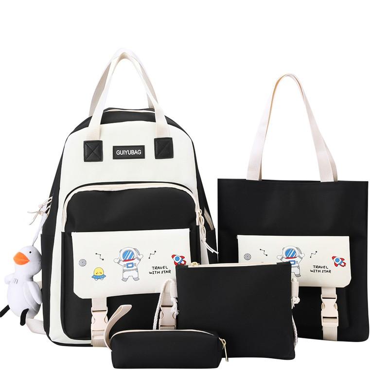 

School Bags 4 Piece Set Cute Canvas For Girls Kawaii Student Book Bag Casual Women Shoulder Backpacks 2022 Female Rucksack, Black
