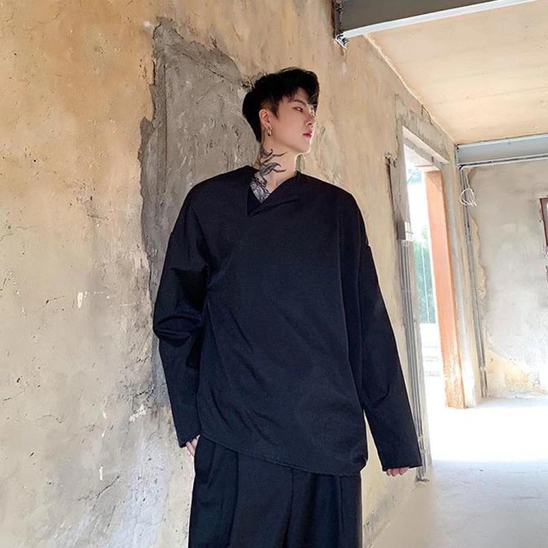 

Men's Casual Shirts Men Long Sleeve Asymmetric Collar Loose Pullover Shirt Male Japan Hip Hop Couple Stage Show Costumes, White;black