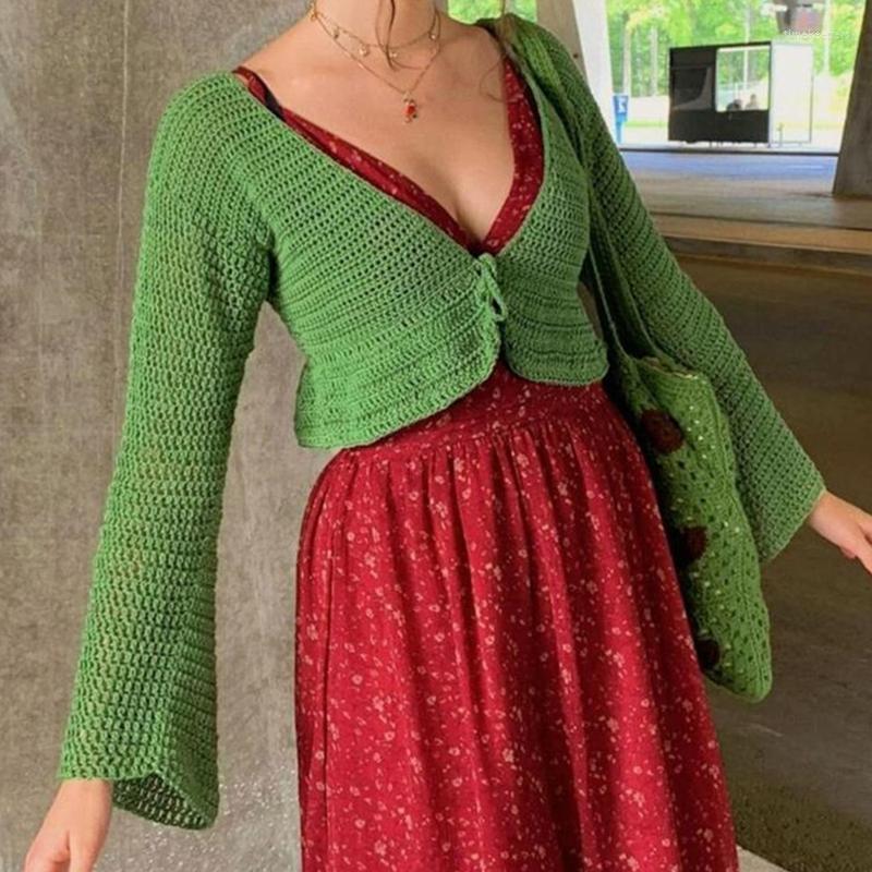 

Women' Knits & Tees Female Crochet Knitted Cardigan Solid Color Autumn Spring Bandage Tie-up V Neck Long Sleeve Cropped Sweater Women Y2K, Green