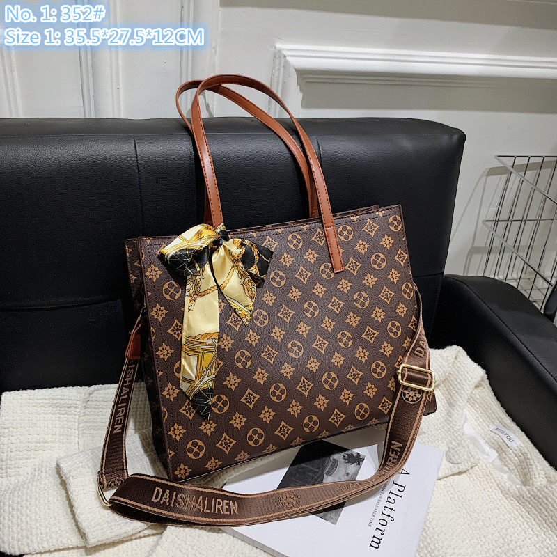 

Wholesale factory ladies shoulder bags 2 styles simple three-layer compartment large-capacity fashion tote bag sweet bow ribbon handbag retro printed backpack, Coffee2-616#