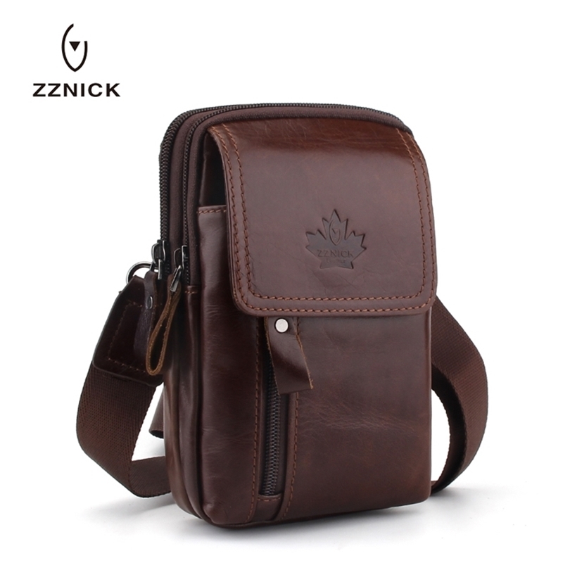 

ZZNICK Waterproof Man Genuine Leather Waist Bag Fashion Chest Pack Outdoor Sports Crossbody Bag Casual Travel Male Bum Belt Bag 201118, Brown