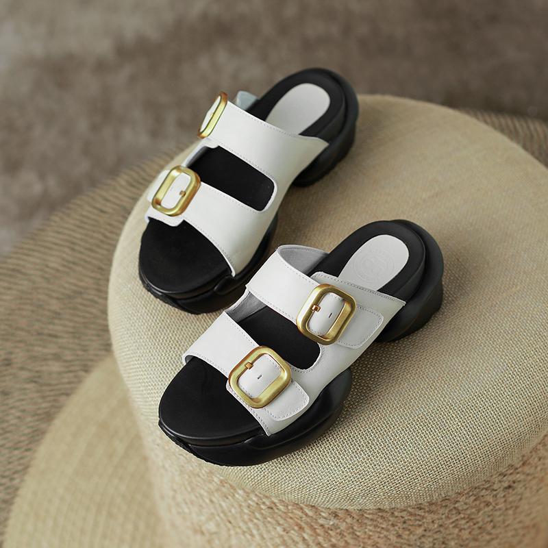 

Sandals Curve Casual Slippers Women Genuine Leather Upper Muti-Buckle Flat Platforms Summer Outdoor Female Shoes Plus Size 42Sandals, Beige