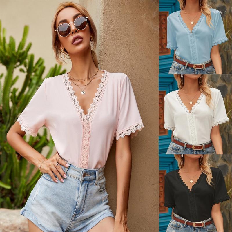 

Women' Blouses & Shirts Fashion Women Short Sleeve Loose Summer Lace V-Neck Casual Chiffon Ladies Tops Clothing Chemise Femme, Blue