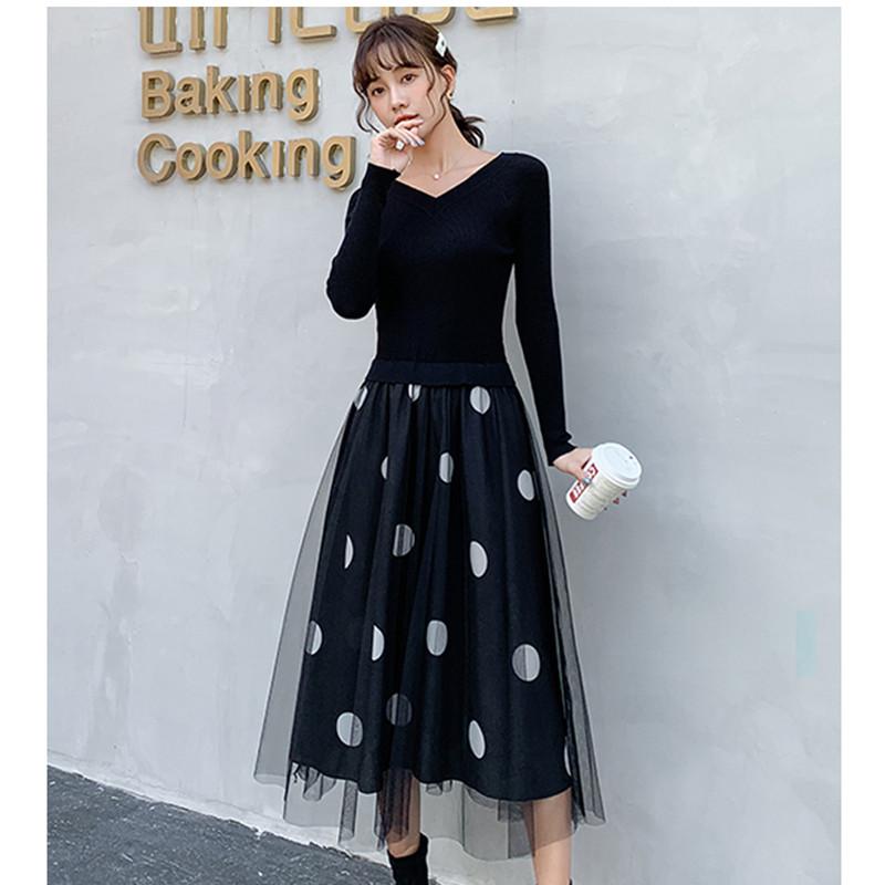 

Casual Dresses Autumn Sweet Women 2022 Polka Dot Long-sleeved Fake Two Piece Set Base Skirt Knitted Plus Size Winter, Black