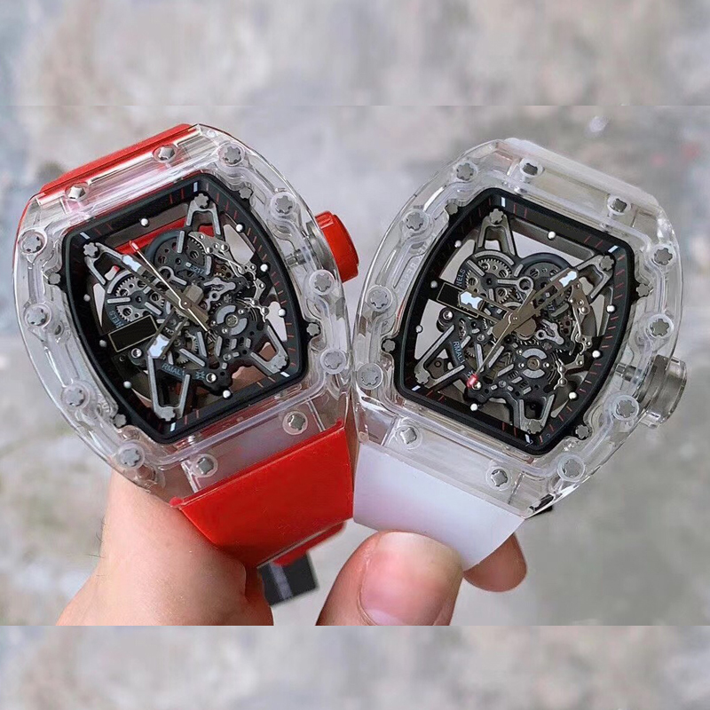 

4 Colours Mens Skeleton Transparent Watches 42mm size Luxury white automatic self-winding Sweeping fashion wristwatch all function works 2022, 02