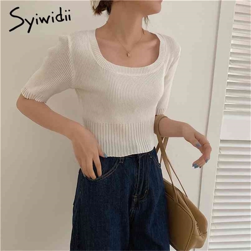 

Screw Thread Knitted Blouses Women Short Sleeve Top Square Collar Solid Clothes Summer Korean Fashion Shirts 210607, Yellow
