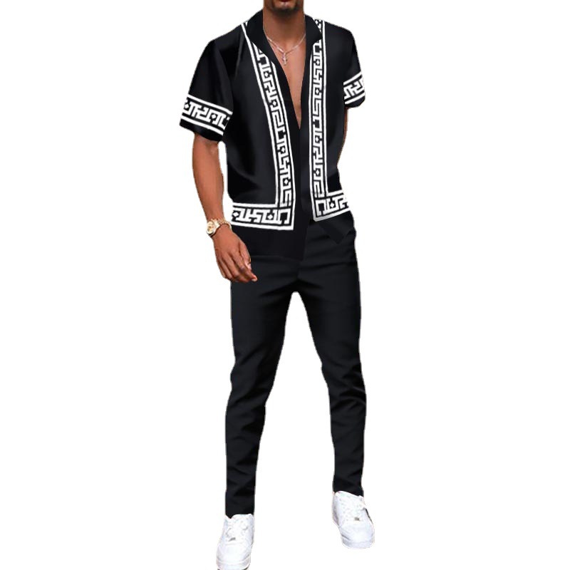 summer print casual men's shirts and pants sets geometric tracksuits designer two piece outfits sets long pant suit blouse set-image-761180034