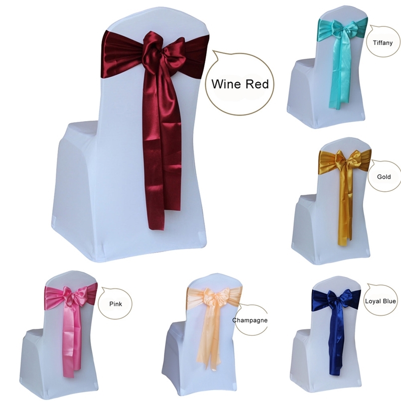 

50pcs/lot Red/Gold/BLue 14 Color Wedding Chair Cover Sash Satin Fabric Bow Tie Ribbon Band Decoration el Party Supplies 220514