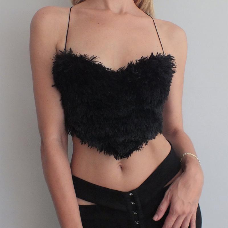 

Women' Tanks & Camis Sexy Backless Tie Up Top Female Cropped Summer Clothing Fleece Fur Bandage Sleeveless Crop Tops For Women, Black