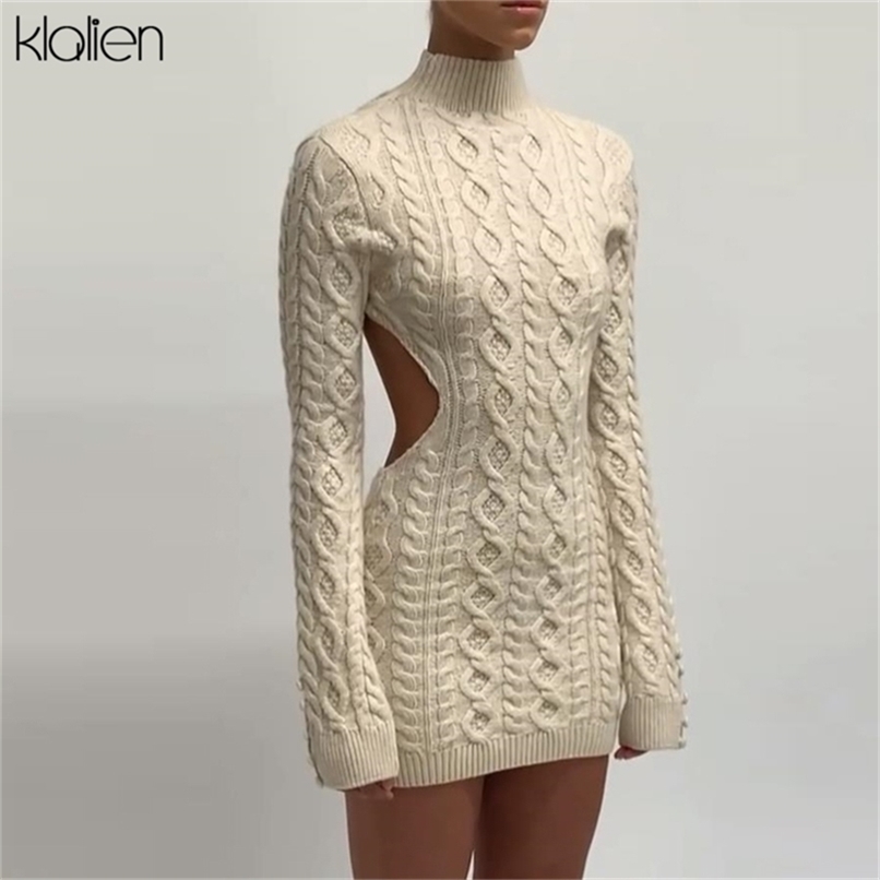

KLALIEN Simple Solid Long Sleeve Turtleneck Sweater Dress Autumn Women Warm Streetwear Slim Stretch Mini Bodycon Dresses 220406, Coffee