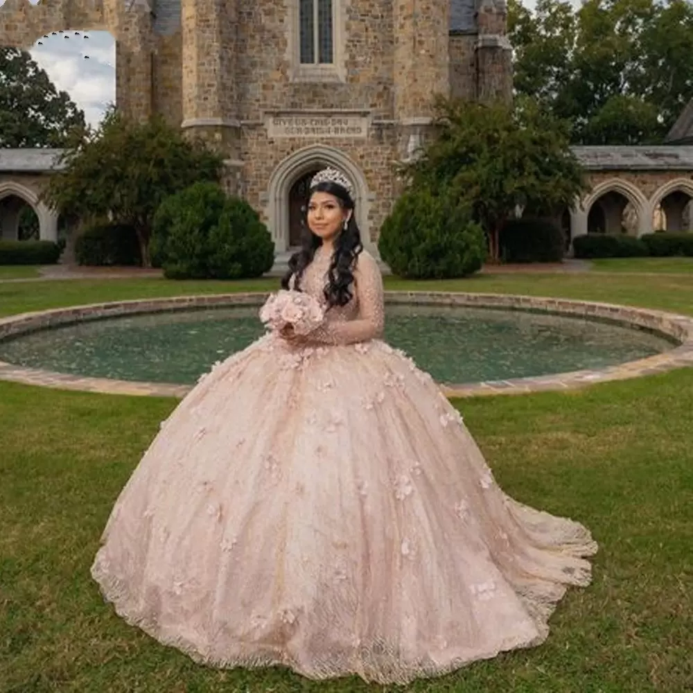 

Pink Quinceanera Dresses Long Sleeves 2022 Handmade Flowers Sequins Corset Back Sweep Train Sweet 16 Birthday Party Prom Ball Gown Plus Size, Blue