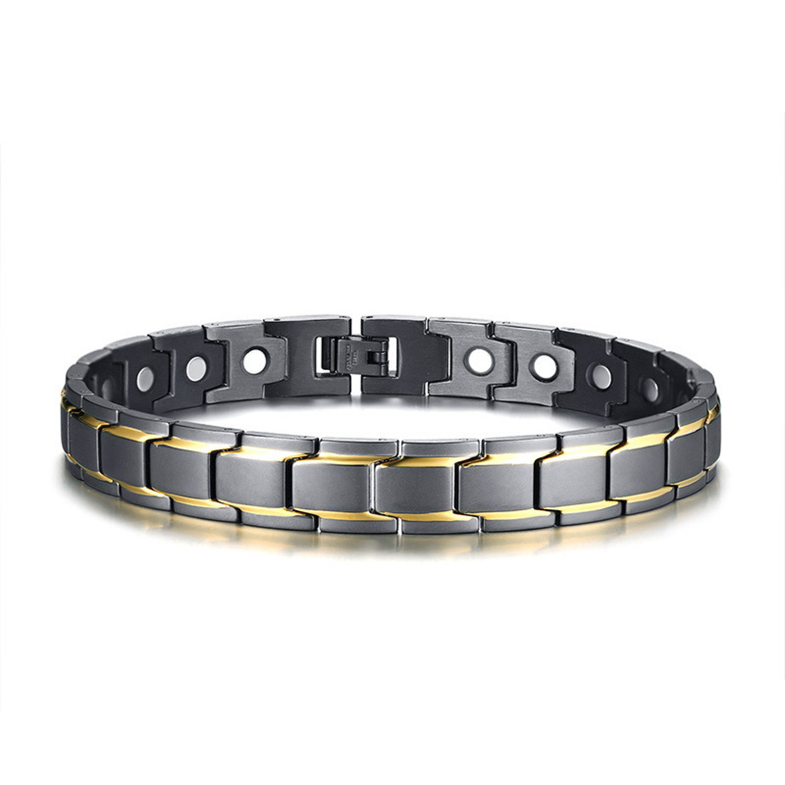

12MM Wide Men's Stainless Steel Magnetic Watch Band Anklet,Black Gold,10.6"
