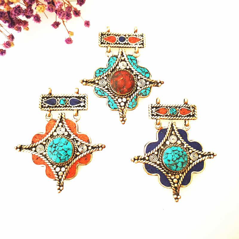 

Pendant Necklaces Nepal Copper Inlaid Colorful Stone Vintage Jewelry Big Pendants For GirlPendant NecklacesPendant