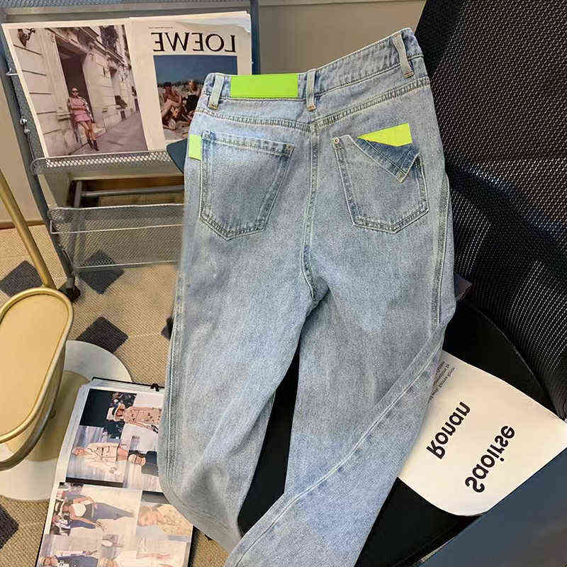 

Blue High Waist Trousers Woman Jeans High Waist Design Colorblock Washed Casual Straight Pants Women's Jeans Korean Trousers T220728, Light blue