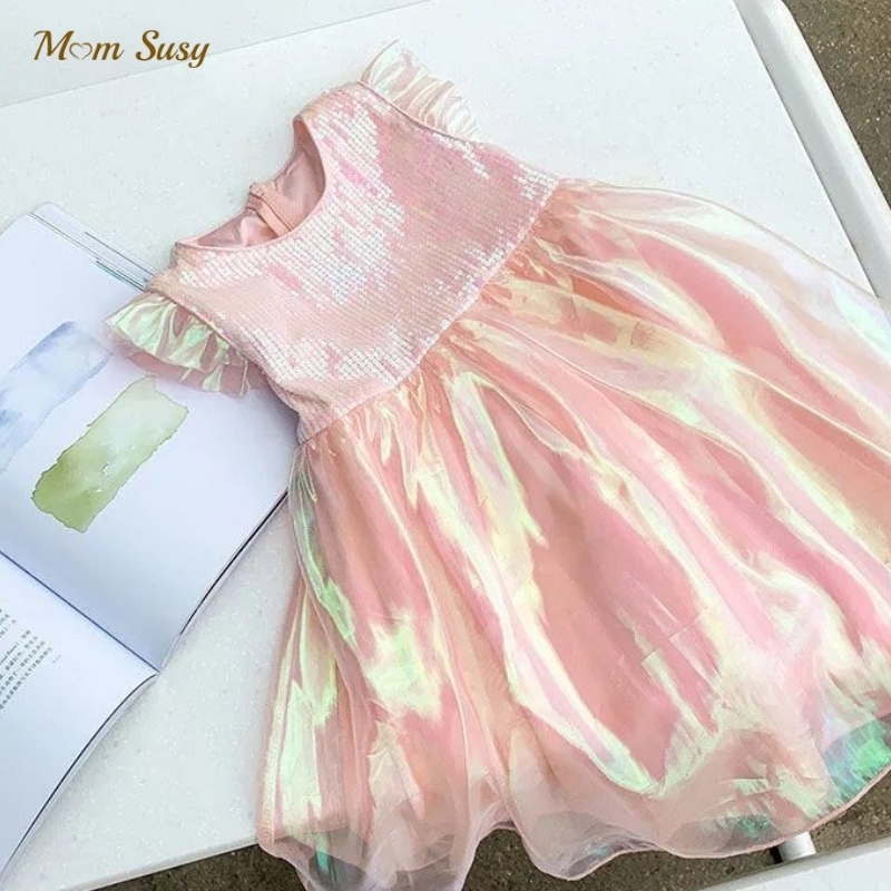 

Fashion Girl Princess Sequins Dress Ruffle Summer Kid Vestido Shiny Birthday Party Costume Dress Tutu Child Clothes 110Y 220614, Pink