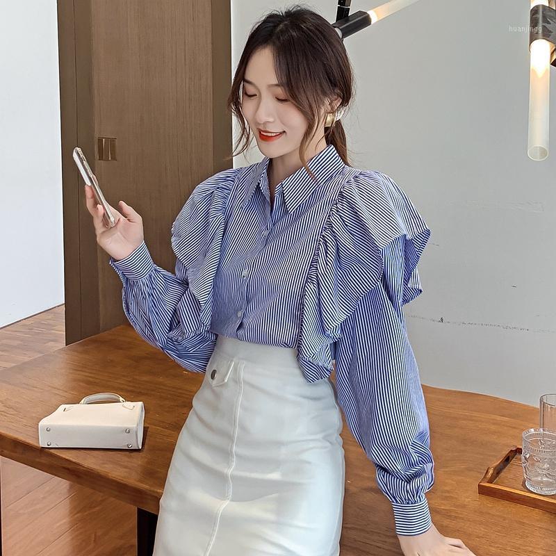 

Women' Blouses & Shirts Blouse Women 2022 Blue Striped Ruffles Flounces Tops V-Neck Long Sleeve Chic Woman Blusa Spring