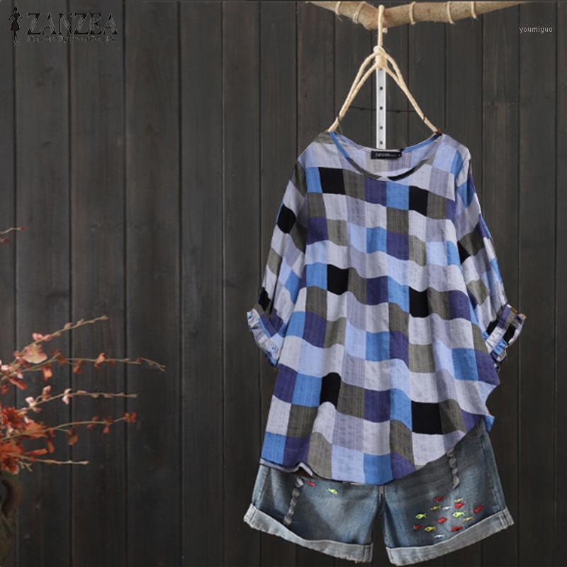 

Women' Blouses & Shirts Plus Size Stylish Casual Summer Blusas Check Blouse 2022 Lantern Sleeve Tee Female Plaid Tunic 5XL, Blue