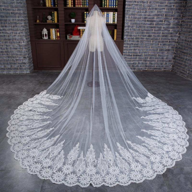 

Bridal Veils Wedding Long Lace Edge Floral Crystal Beaded Applique Cathedral Veil With Comb 3.5Meters Velo De Novia White/IvoryBridal, White one-layer