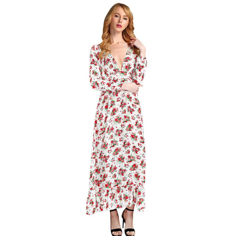 

Casual Dresses Women Summer Long Flowers Print Vintage Maxi Dress Floral Beach Sundress, As pic