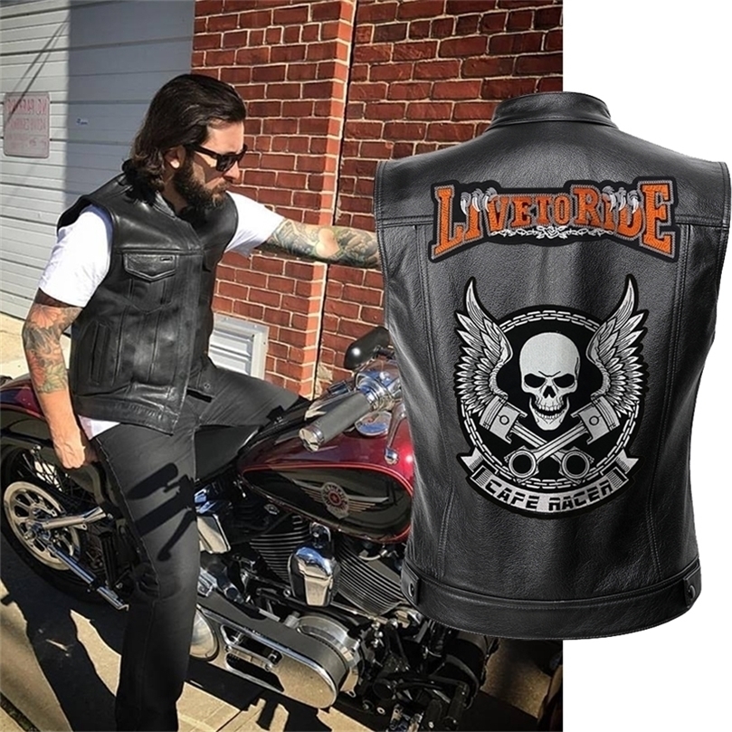 

Men Biker Jackets Vest Solid Color Leather Jacket Punk Motorcycle Jacket Embroidery Skull Jacket Short Coats 201126